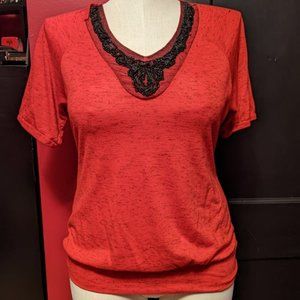 Vanity Beaded Vneck Red Shirt Back Keyhole XL